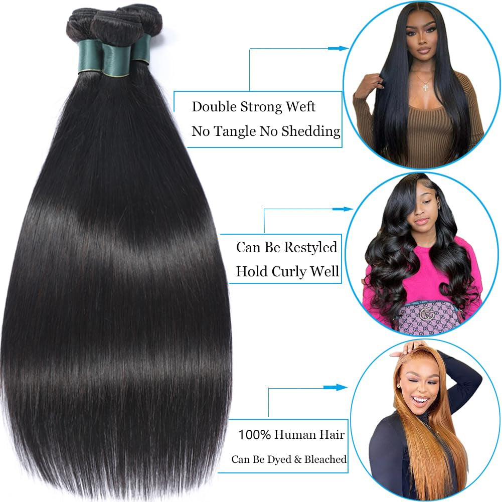 Brazilian Straight Bundles Human Hair 16 18 20 Inch 12A 100% Unprocessed Virgin Human Hair Weave 3 Bundles Deal Natural Black Color (Natural Balck 3 Bundles, 16 18 20)