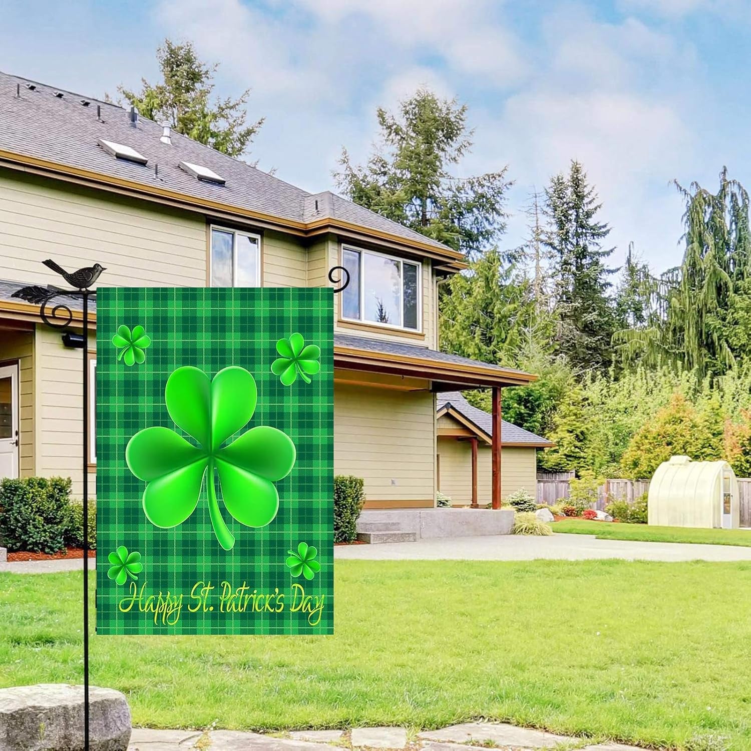Happy St Patricks Day House Garden Flags,Shamrock Buffalo Check Plaid Rustic Burlap Yard Sign Decorations,Spring Banners for Outdoor 12 X 18 Inch Double Sided (Green)