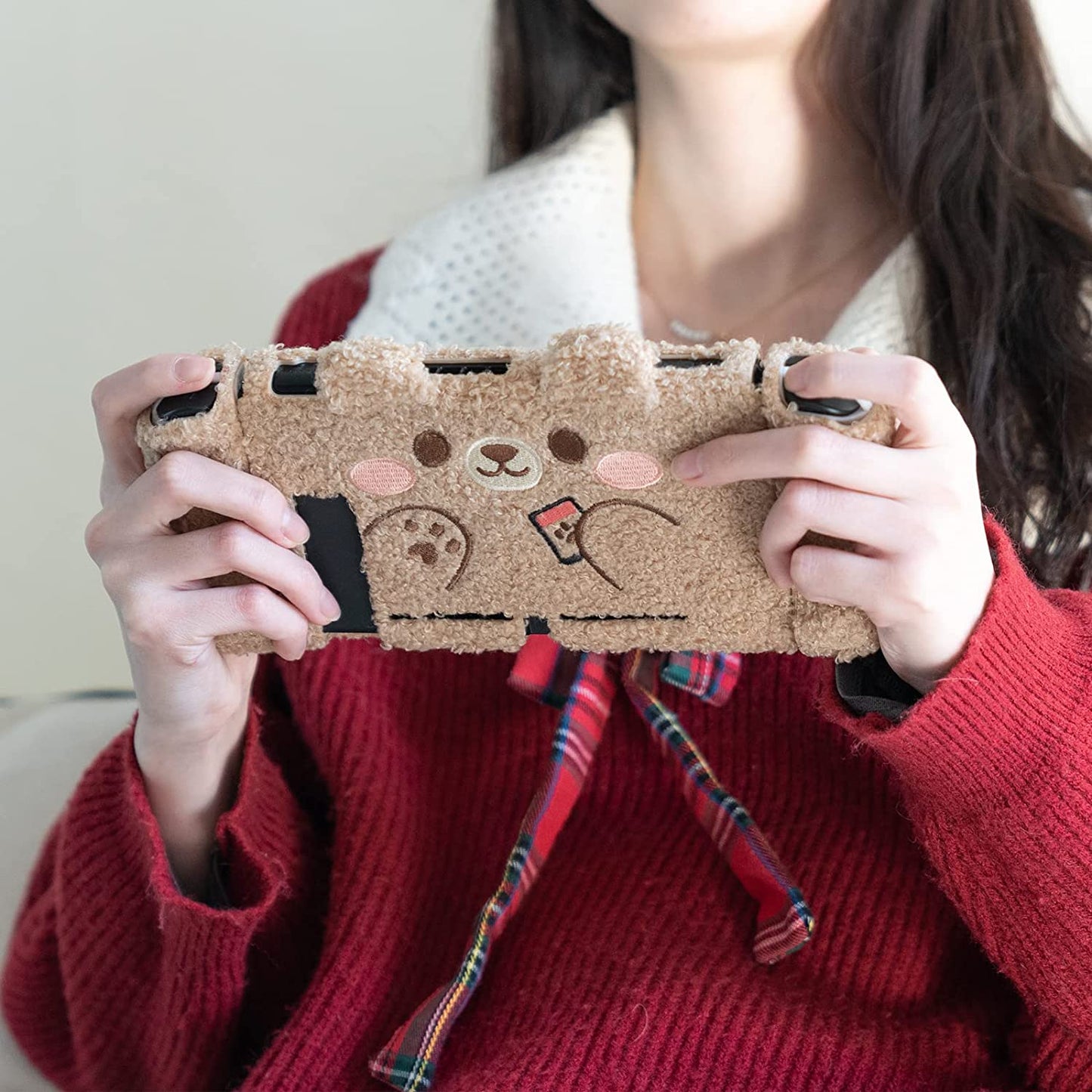 Cute Plush Protective Case Cover Compatible with Switch - Shock-Absorption and Anti-Scratch - Plush Bear (For Switch 2017)