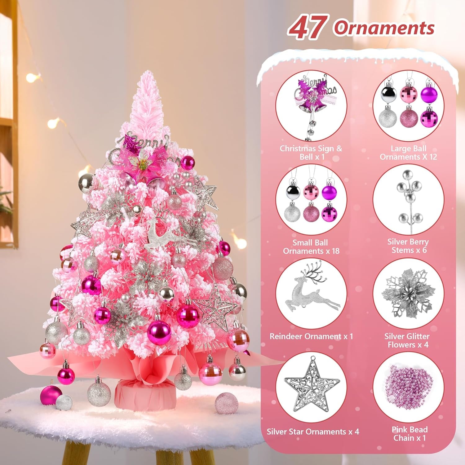 2FT Mini Flocked Pink Christmas Tree, Small Christmas Tree with Lights, Prelit Tabletop Christmas Tree with 100 Branch Tips and 40+ DIY Ornaments, Christmas Decorations Indoor and Gifts for Men Women