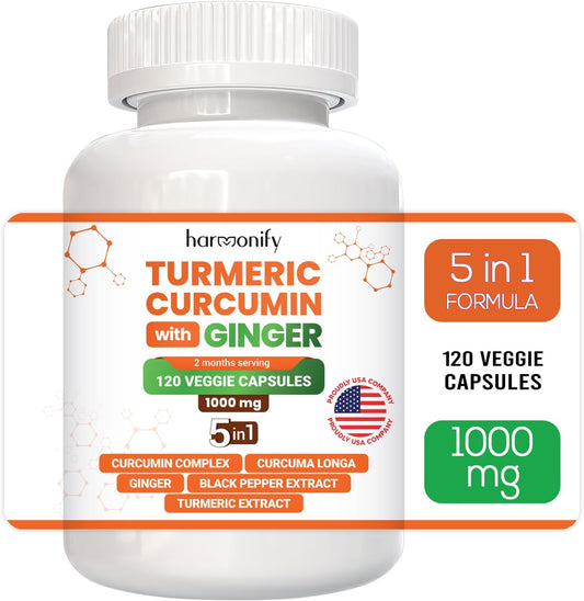 Turmeric Curcumin Supplement with Ginger, Ceylon Cinnamon and Black Pepper Complex 5 in 1 Formula, Curcuma Longa, Max Absorption, 1000 Mg, 120 Herbal Extract Capsules TLBH