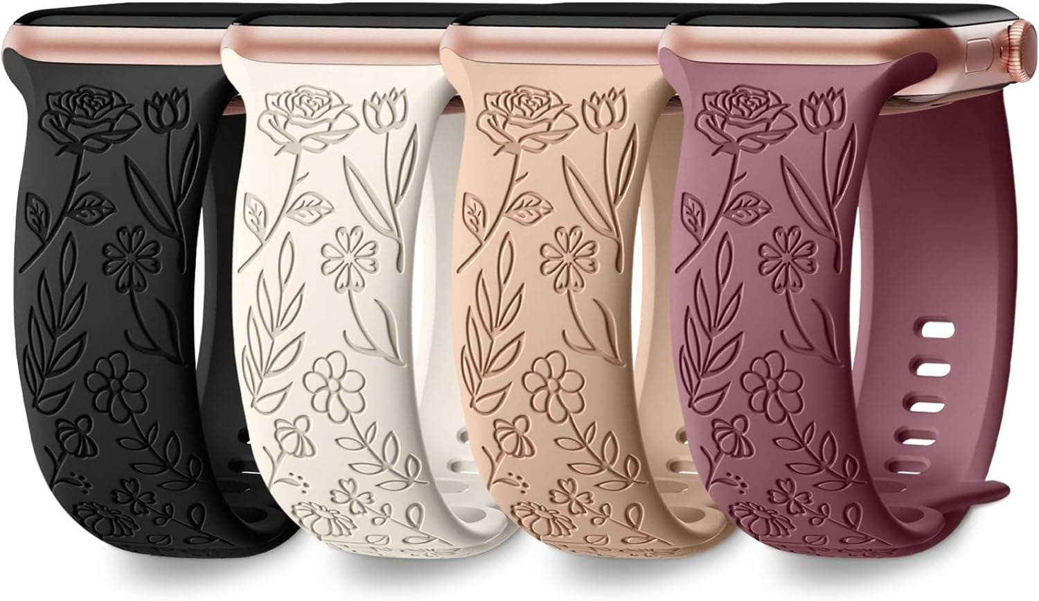 4 Pack Floral Engraved Band Compatible with Apple Watch Band 38Mm 40Mm 41Mm 42Mm 44Mm 45Mm 46Mm 49Mm Women,Soft Silicone Cute Flower Pattern Sport Strap for Iwatch Series 10 9 8 7 6 5 4 3 2 1 SE