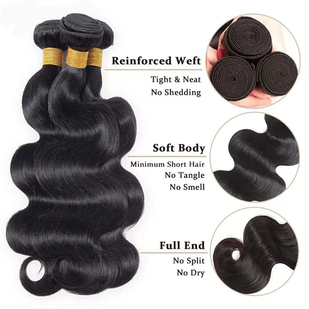 Body Wave Brazilian Virgin Hair Bundles - Unprocessed 100% Human Hair Weave for Black Women - 3 Bundles Natural Black Color Hair Extensions