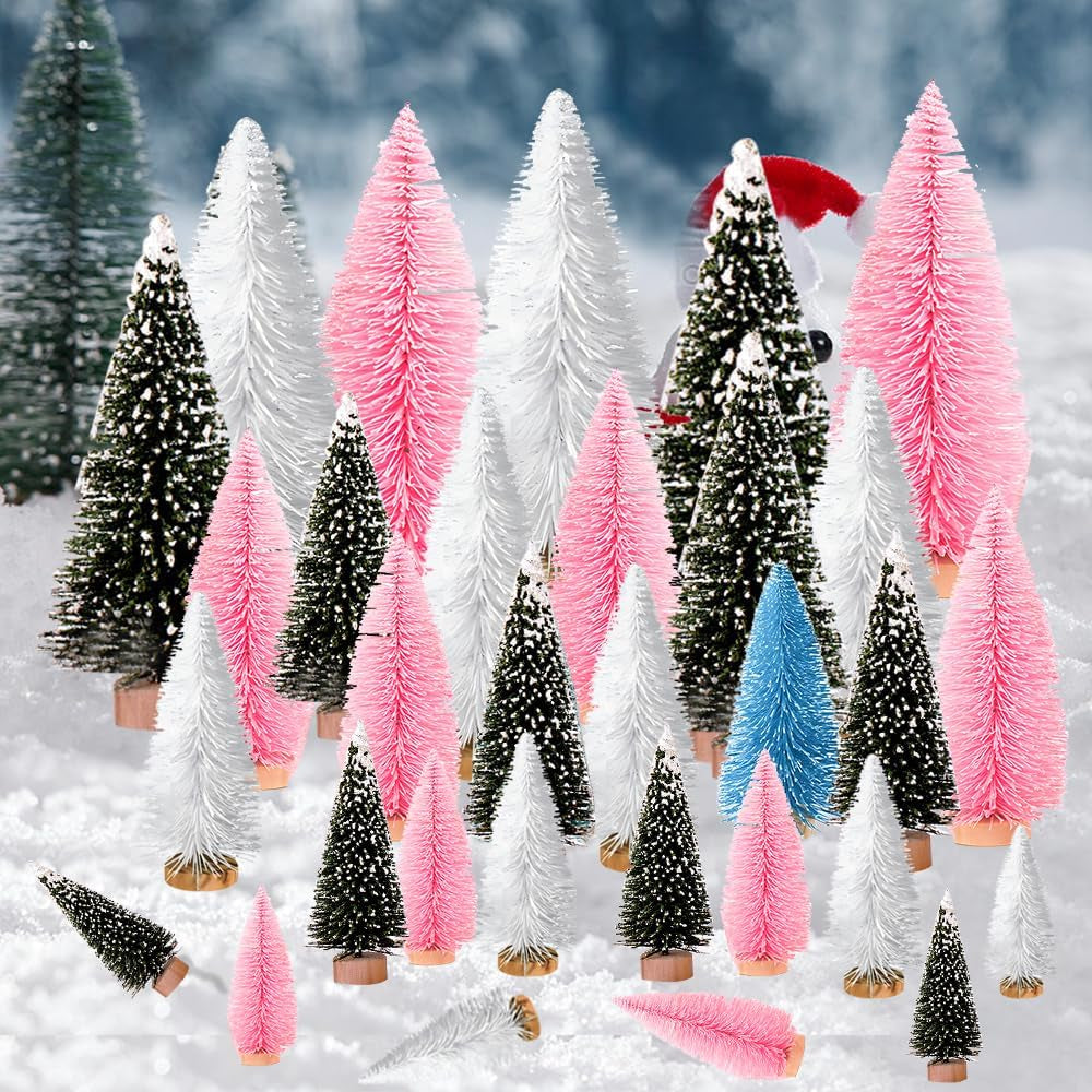 Artificial Mini Christmas Trees, 30 Pcs Sisal Snow Pines in 5 Sizes, Crafting Displaying Decoration, Tabletop Xmas Tree for Home, Party (Pink/White/Green)