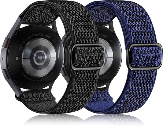 Elastic Bands for Galaxy Watch 5/4 Bands 44Mm 40Mm/5 Pro Band, Galaxy Watch 4 Classic Bands 46Mm 42Mm/Active 2 Women Men, 20Mm Stretch Nylon Replacement Strap(Wave Black+Blue)
