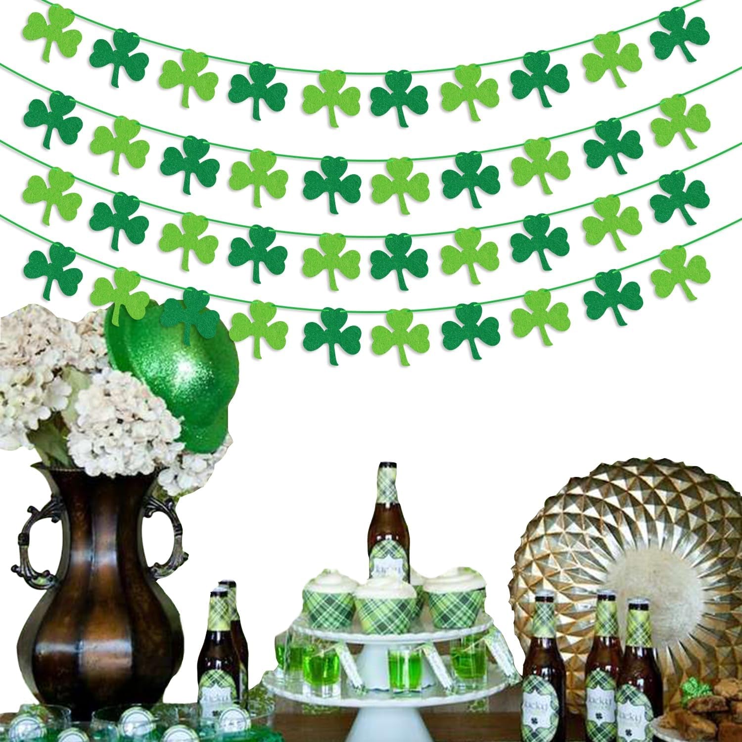 St Patricks Day Decorations 4PCS Felt Shamrock Garland Banner - NO DIY Shamrock Clover Garland Banner for St Patricks Day Decor - Dark Green Light Green for Irish Party Supplies
