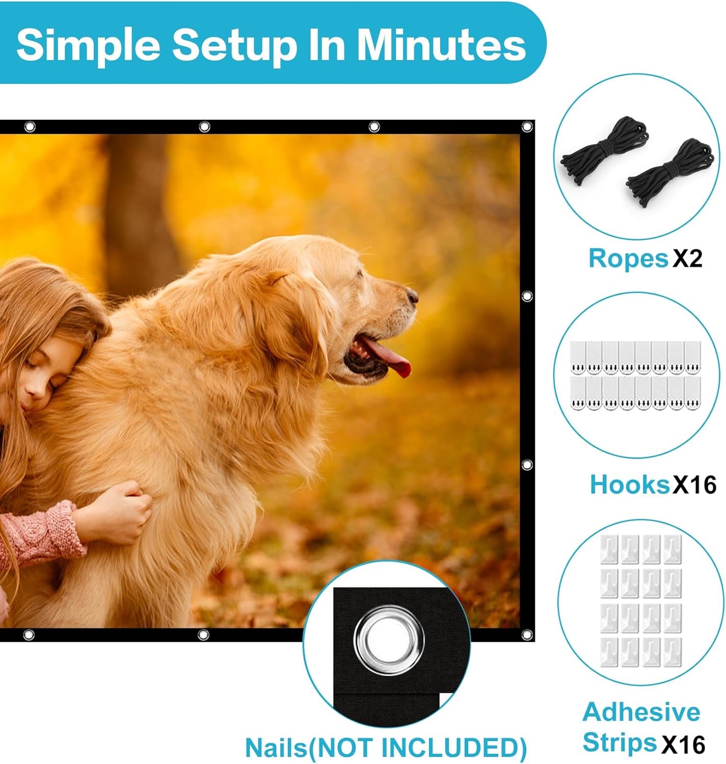 Projector Screen 120 Inch, Movie Projector Screen 16:9 Foldable and Portable Anti-Crease Indoor Outdoor Projection Double Sided Video Projector Screen for Home, Party, Office, Classroom