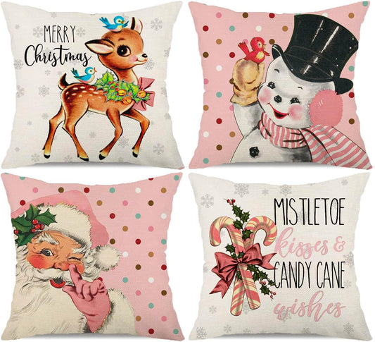 Christmas Decorations Pillow Covers 18×18 Set of 4 Snowflake Santa Snowman Deer Bird Candy Cane Xmas Rustic Winter Holiday Throw Pillows Christmas Decor Cushion Cases Polka Dots Pink-18