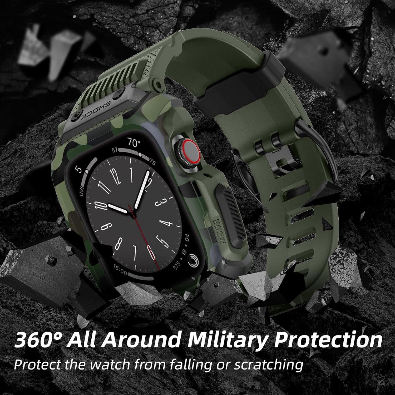 Compatible for Apple Watch Band 45Mm 44Mm 42Mm with Case,Men Rugged Sport Military TPU with Metal Pieces Strap with Bumper Cover for Iwatch Series 9/8/7/6/SE/5/4/3/2/1