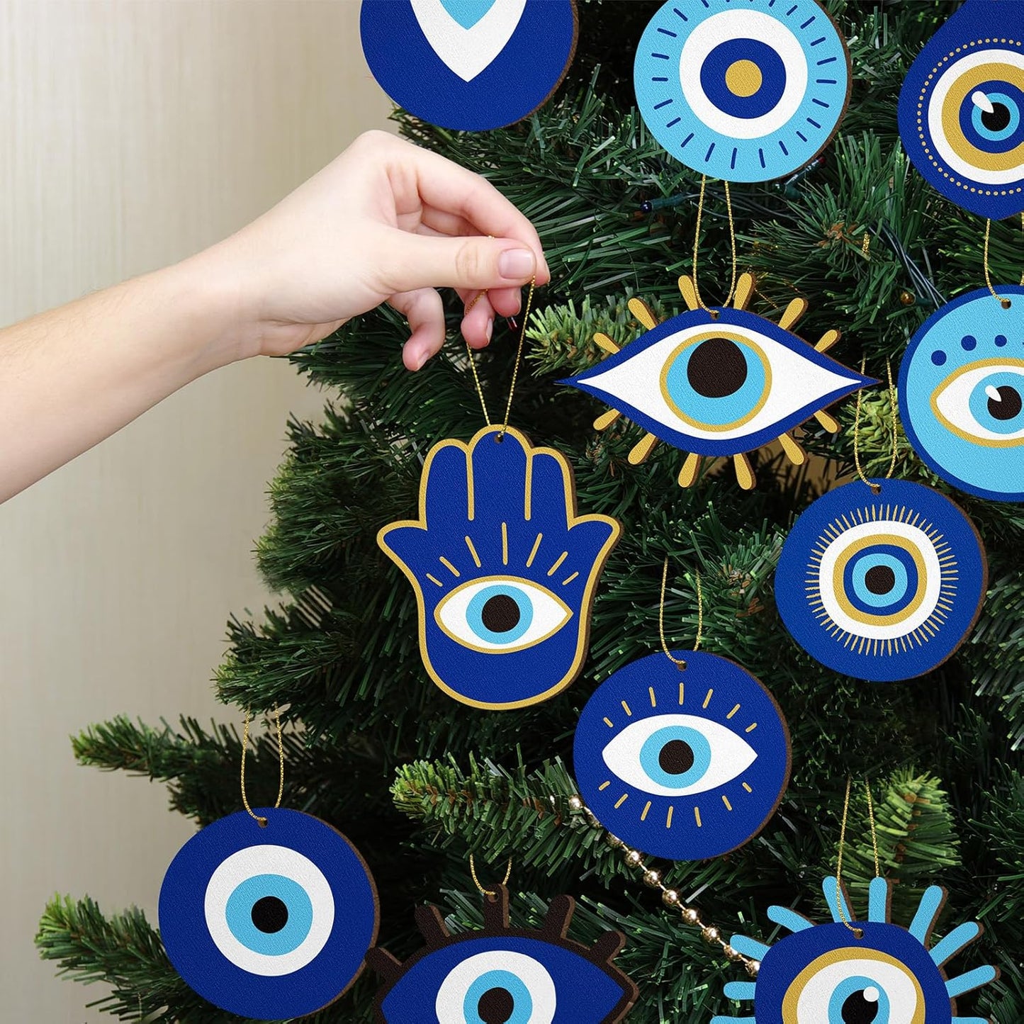 36 Pieces Evil Eye Ornaments for Christmas Tree Wooden Evil Eye Hanging Ornaments Decorations for Christmas Holiday Decor