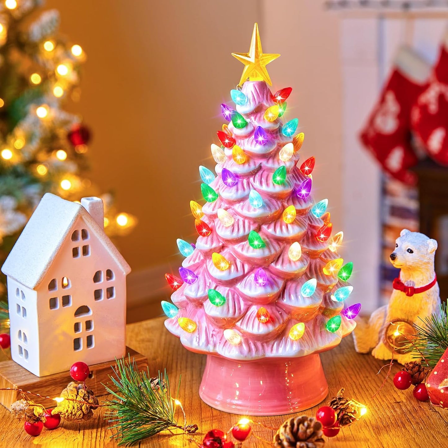 13 Inch Ceramic Christmas Tree, Pre-Lit Tabletop Christmas Tree with Multicolored LED Lights and Star, Battery Operated Valentine'S Day Lighted Ceramic Tree for Home Table Holiday Decorations