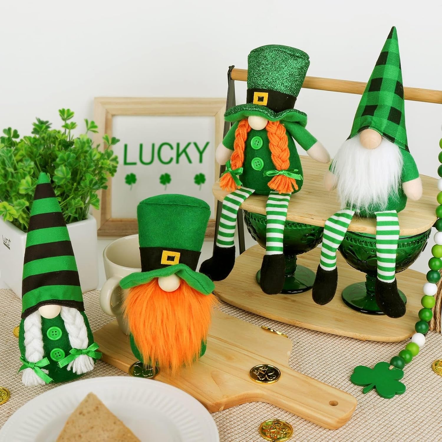 St Patricks Day Gnomes Gifts, 4 Pcs Handmade Plush Tomte Swedish Scandinavian Gnome with Lucky Shamrock Pot of Gold Coins Farmhouse St Patricks Day Decorations for the Home Table Décor