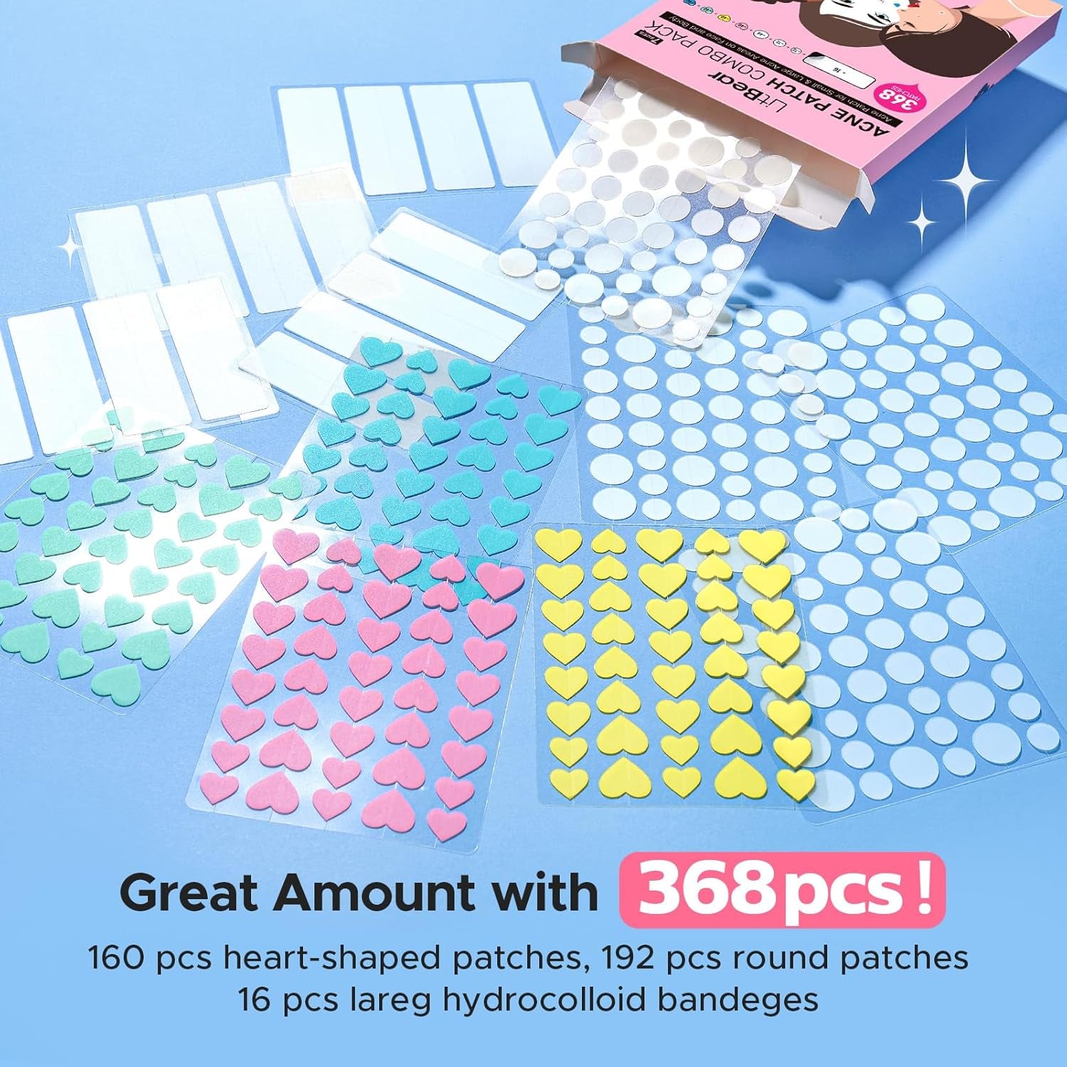 3 in 1 Acne Patch for Face, 7 Sizes 368 Patches Hydrocolloid Acne Patches for Chin, Forehead, Nose, 16 XL Pimple Patches Large for Body, Heart-Shaped Acne Cover Zit Patches Acne Dots Sticker