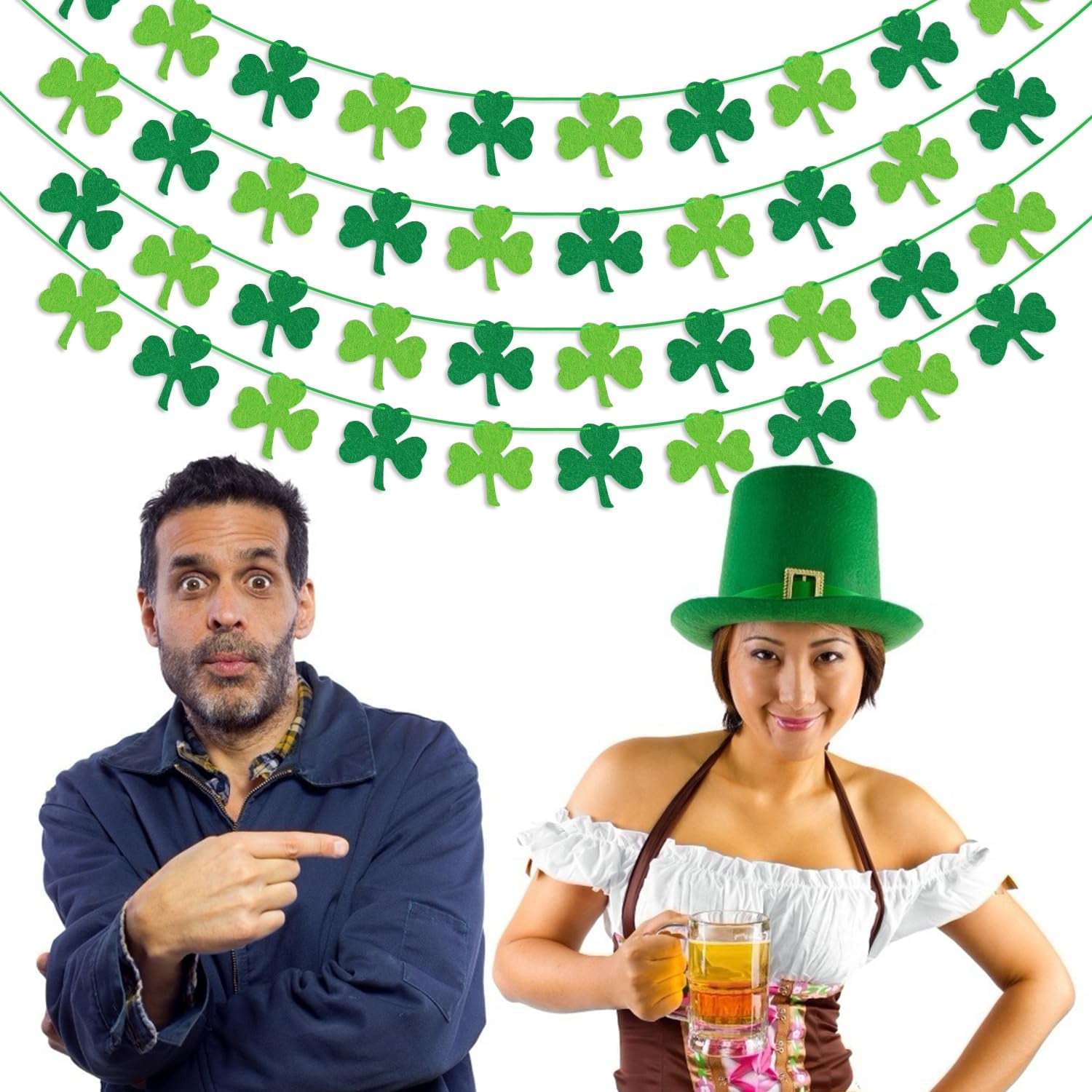 St Patricks Day Decorations 4PCS Felt Shamrock Garland Banner - NO DIY Shamrock Clover Garland Banner for St Patricks Day Decor - Dark Green Light Green for Irish Party Supplies