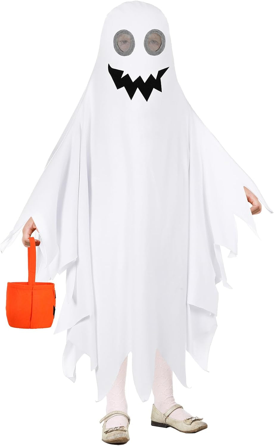 Halloween Kids Ghost Costume Toddler Ghost Costume with Pumpkin Bucket for Boys Girls Cosplay Trick or Treating Party