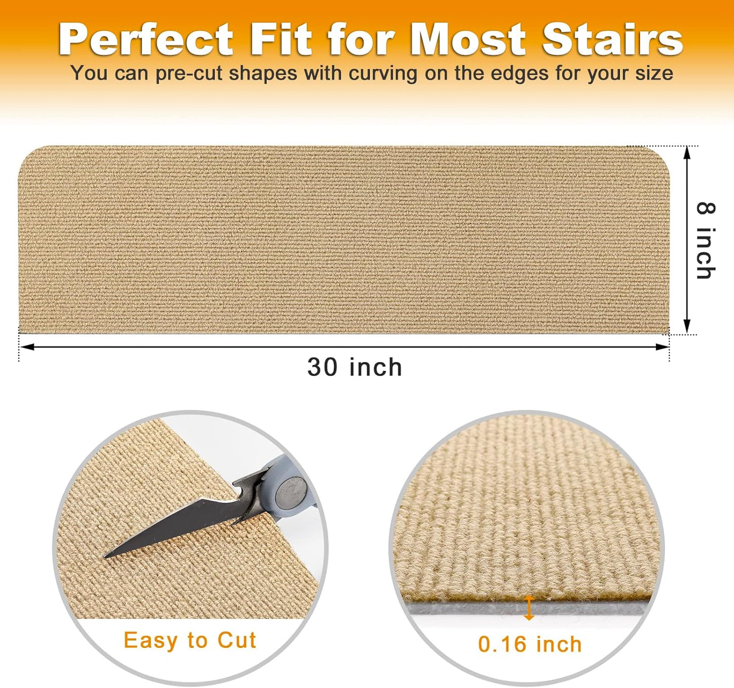 8X30In 15PCS Non-Slip Stair Treads Carpet, Self-Adhesive Stair Treads for Wooden Steps, Indoor Safety Staircase Step Treads, anti Slip Stair Runner Mats for Elders, Kids and Dogs (Beige)