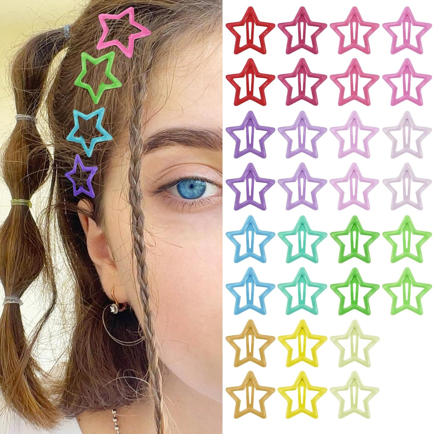 Star Hair Clips 2000S Y2K Snap Hair Barrettes Non Slip Star Hair Accessories Silver Metal Hair Clips for Girls Women -15 PCS 1.57"