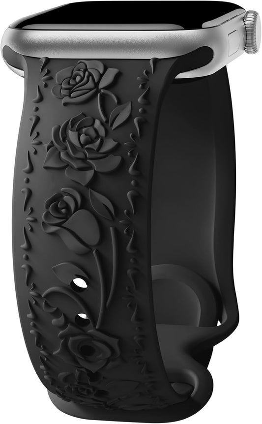 Floral Engraved Band Compatible with Apple Watch Band 40Mm 41Mm 38Mm 42Mm 44Mm 45Mm 49Mm Women, Designer Soft Silicone Cute Embossed Flower Strap for Iwatch Band Series SE Ultra 9 8 7 6 5 4 3 2 1