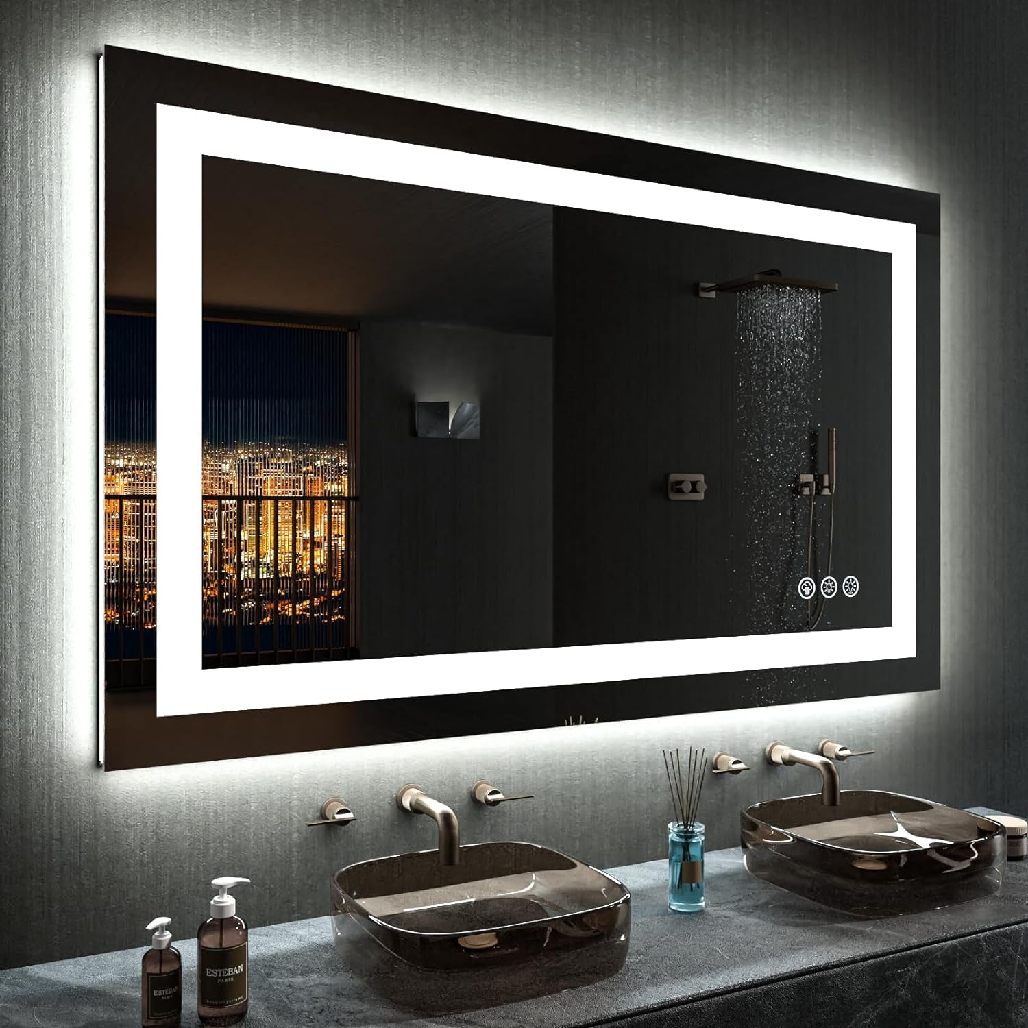 60”X30“ RGB LED Bathroom Mirror with Lights for Bathroom, Anti-Fog, Dimmable，Multiple Light Modes, RGB Backlit + Front Light, Memory Function, Tempered Glass