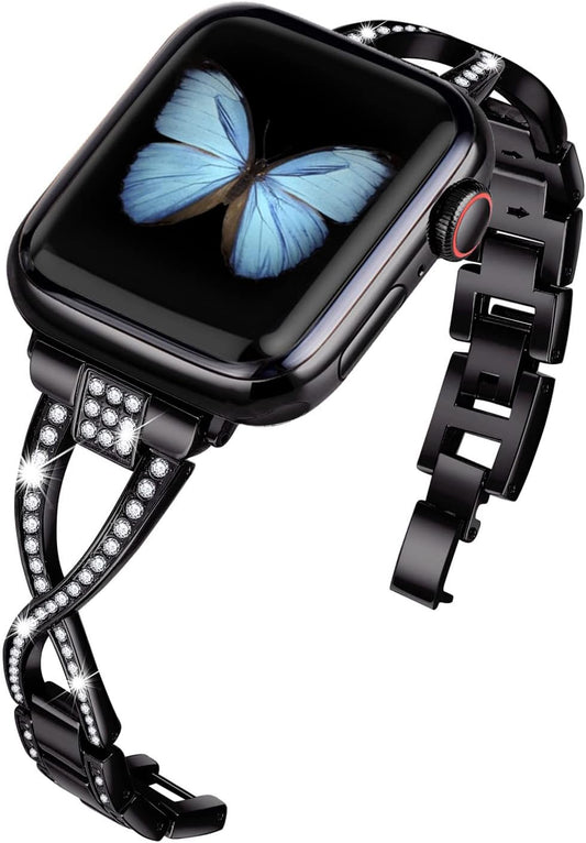 For Apple Watch Band 38Mm 40Mm 41Mm Women Series 9 8 7 6 5 4 SE Iwatch Bands Bling Metal Bracelet Dressy Fancy Cute Strap Black