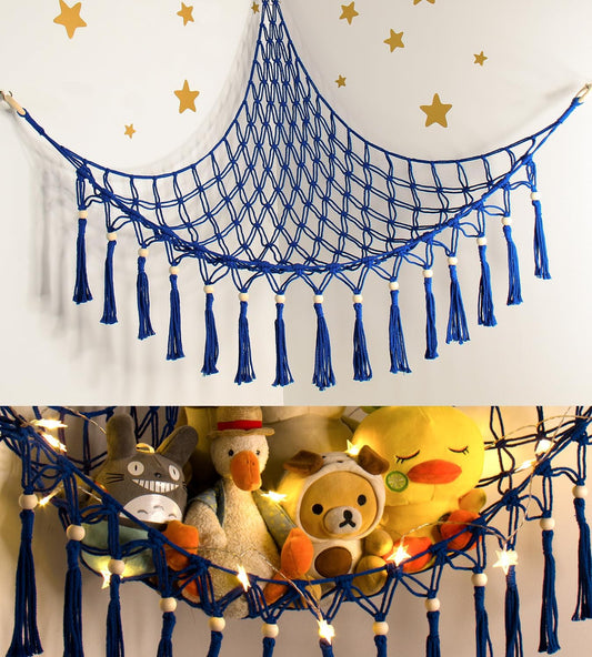 Stuffed Animal Toy Storage Hammock with LED Light-Macrame Jumbo Doll Room Organizer Mesh Decoration-Hanging Storage Nets Kids Bedroom(Blue Beads)
