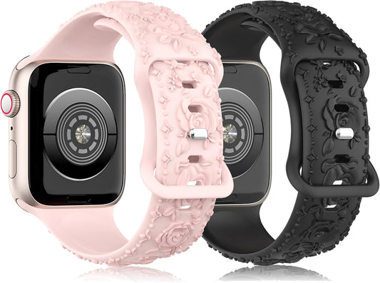 2 Pack Floral Silicone Band for Apple Watch Bands 41Mm 40Mm 42Mm(S10) 38Mm Iwatch Bands Series 10 9 8 7 SE 6 5 4 3 for Women, Cute Fancy Dressy Engraved Strap