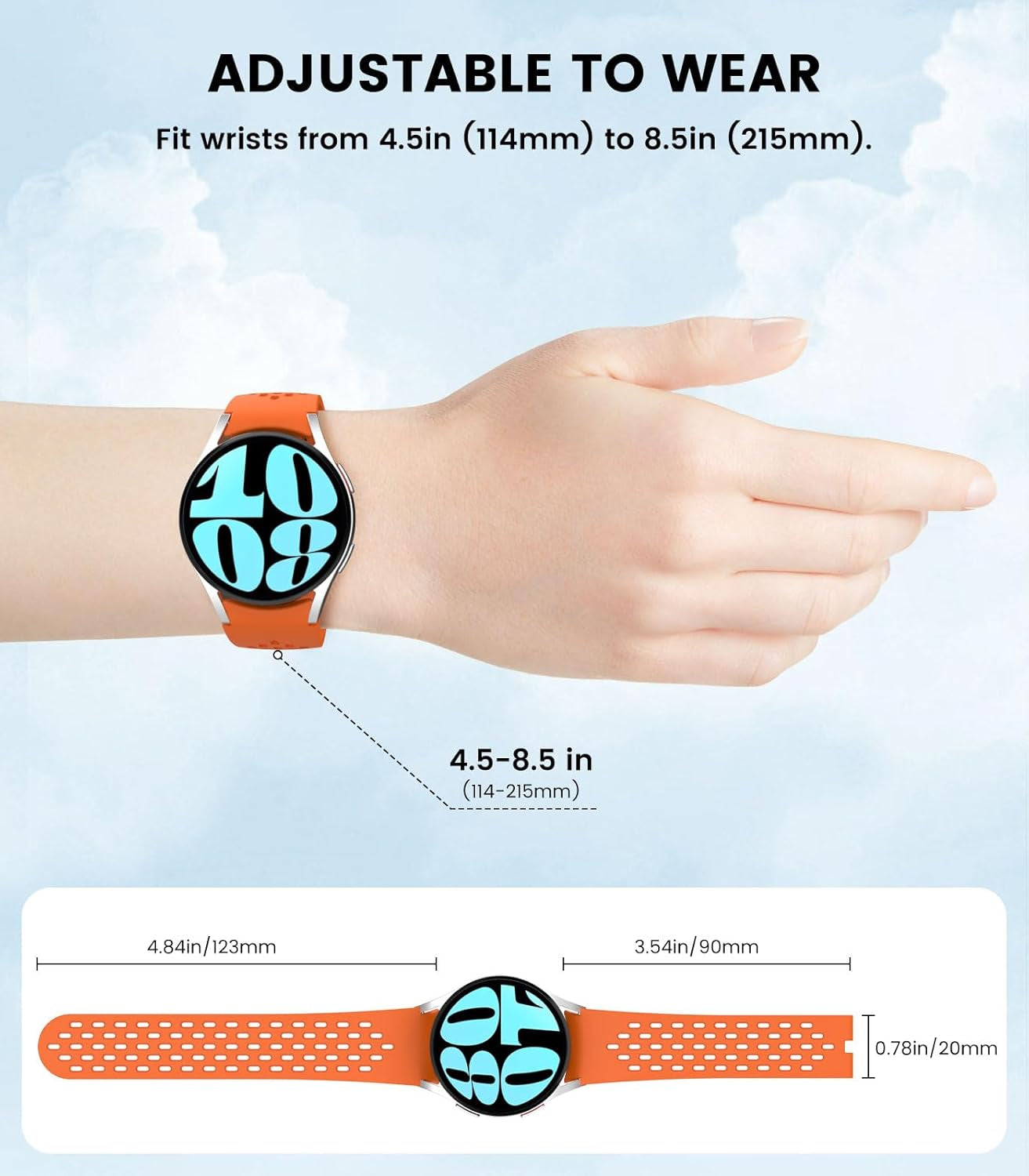 No Gap Bands Compatible with Samsung Galaxy Watch 7 FE 6 5 4 Band 40Mm 44Mm/Watch 6 4 Classic Band 43Mm 47Mm 42Mm 46Mm/Watch 5 Pro 45Mm, 20Mm Breathable Silicone Magnetic Band, Orange