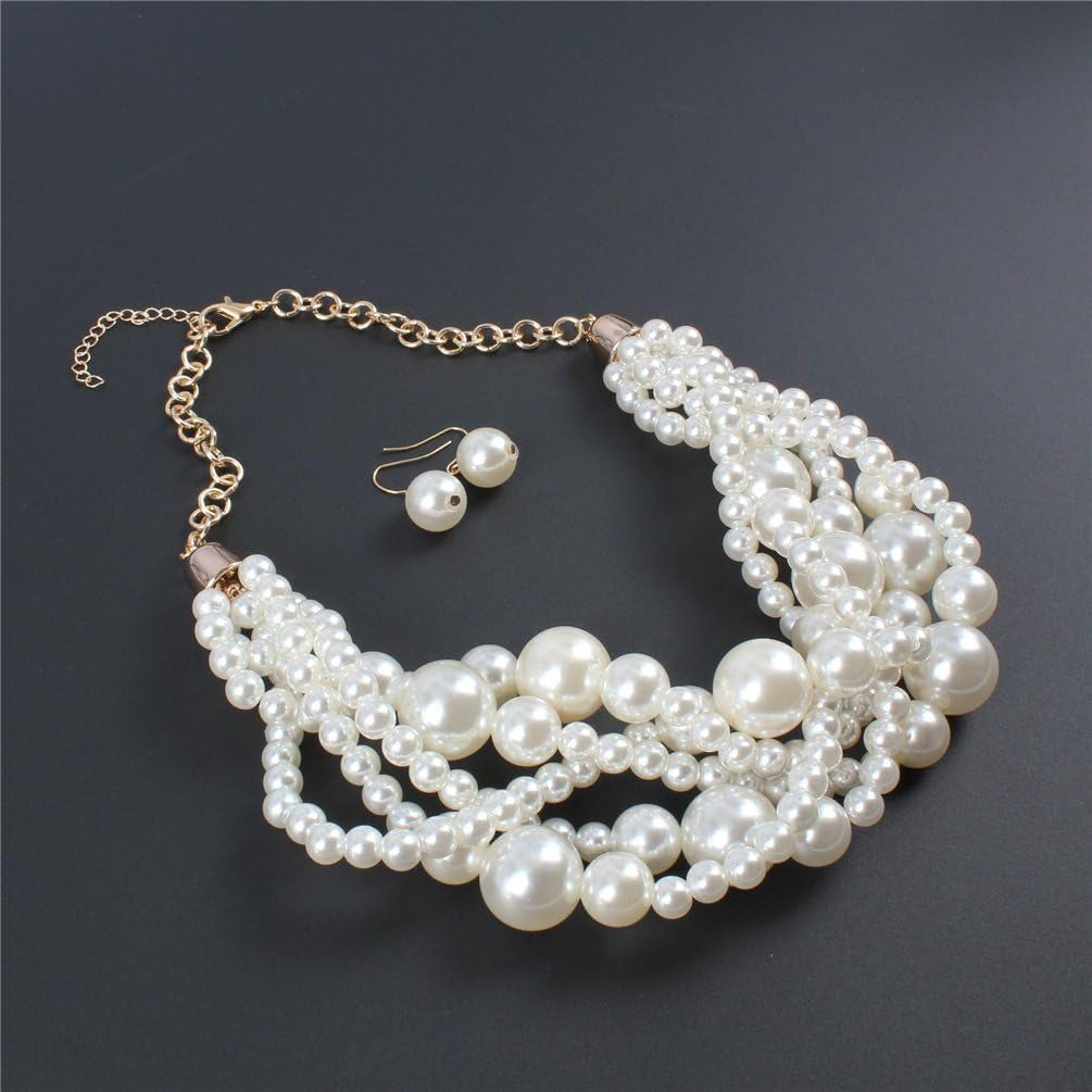 Fashion Faux Pearl Statement Chunky Bib Choker Necklace and Earring Set for Women Gift