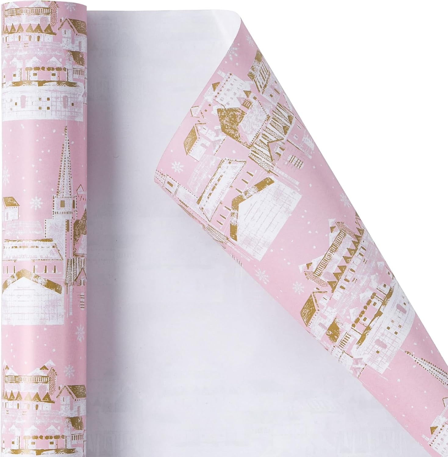 Christmas Wrapping Paper Roll - Pink & Golden City Snow Scenery for Christmas Holiday, Party - 17 Inches X 32.8 Feet (46.45 Sq.Ft.)