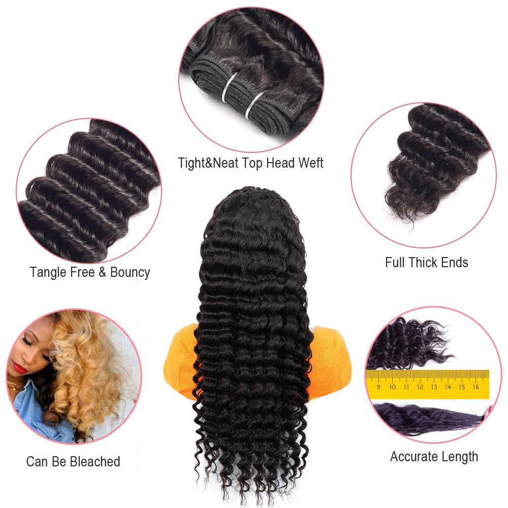 12A Deep Wave Human Hair Bundles Brazilian Deep Curly Bundles Human Hair 16 18 20 Inchs 3 Bundles Deals Human Hair 100% Unprocessed Natural Black