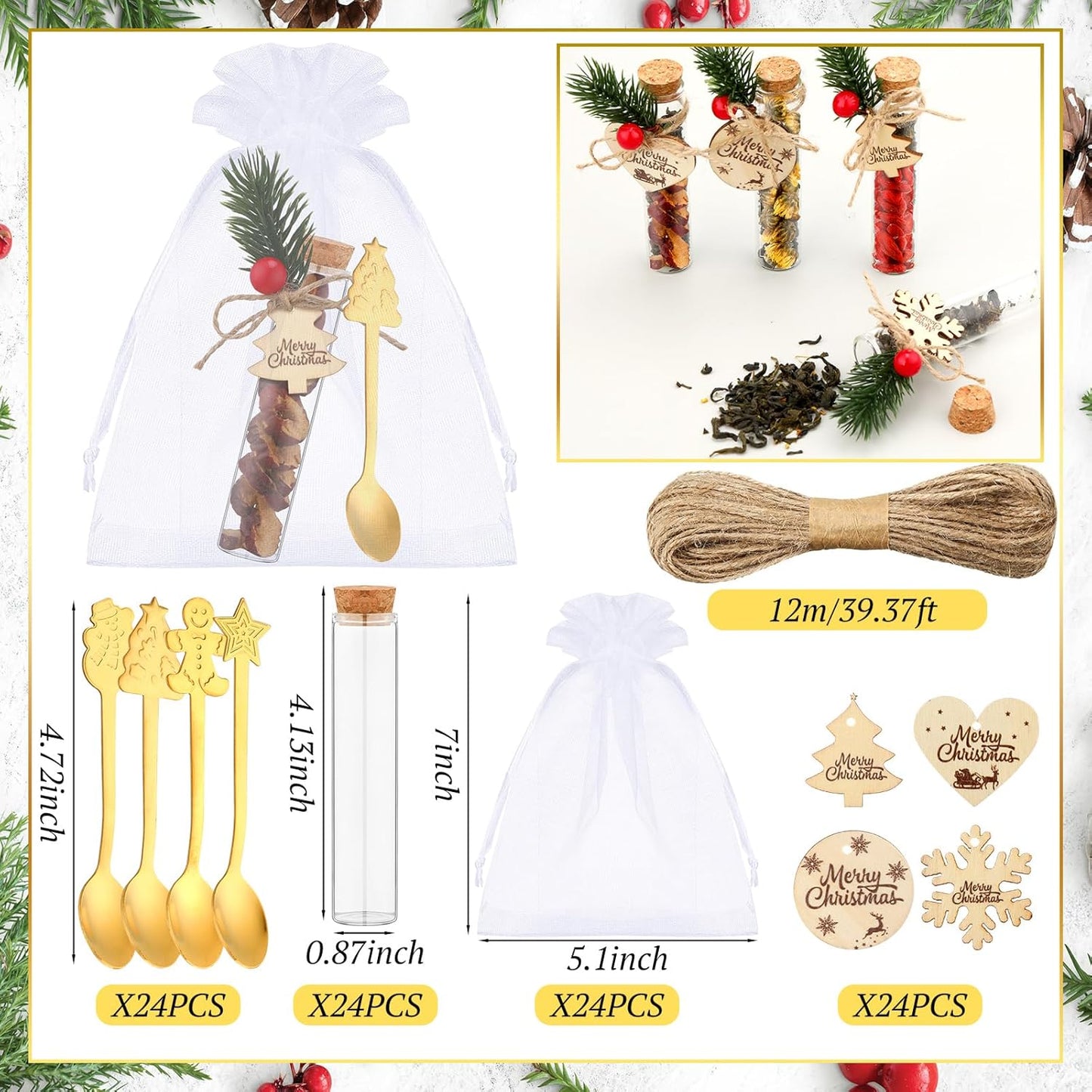 24 Set Christmas Tea Party Favors Bulk Gifts Christmas Tea Party Set with 4.13'' Empty Glass Tea Jars Stainless Steel Teaspoons Organza Bags and Rope Thank You Tea Party for Xmas Gift