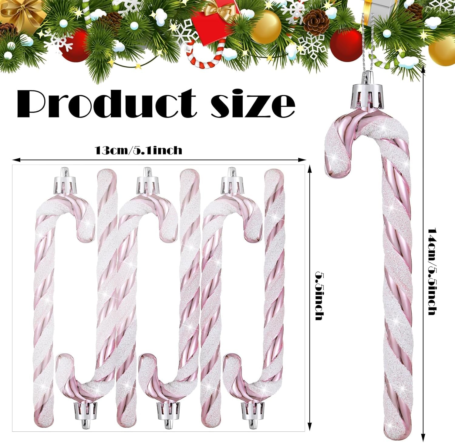 Christmas Candy Canes Ornaments Plastic Glitter Candy Cane Christmas Tree Hanging Decorations for Holiday Party Favors (Pink and White,36Pcs)