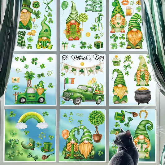 9 Sheets St. Patricks Day Window Clings, Double Sided Green Gnome Shamrock Truck Pattern Window Decals,St Patricks Day Decorations Window Clings for Irish Lucky Day Home Office Party Decor