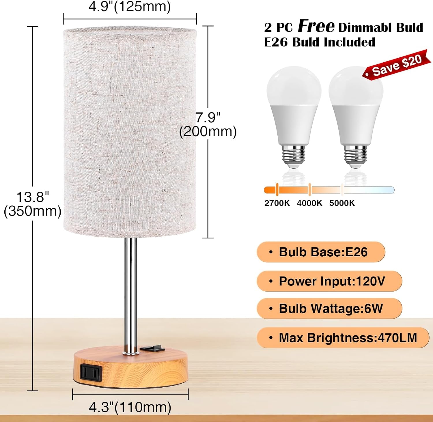 Table Lamp for Bedroom Set of 2, Bedside Small Lamps with 3 Way Dimmable Rocker Switch & AC Outlet, Nightstand Desk Lamp with Flaxen Fabric Shade Woodgrain Base for Living Room Home Decor Lights