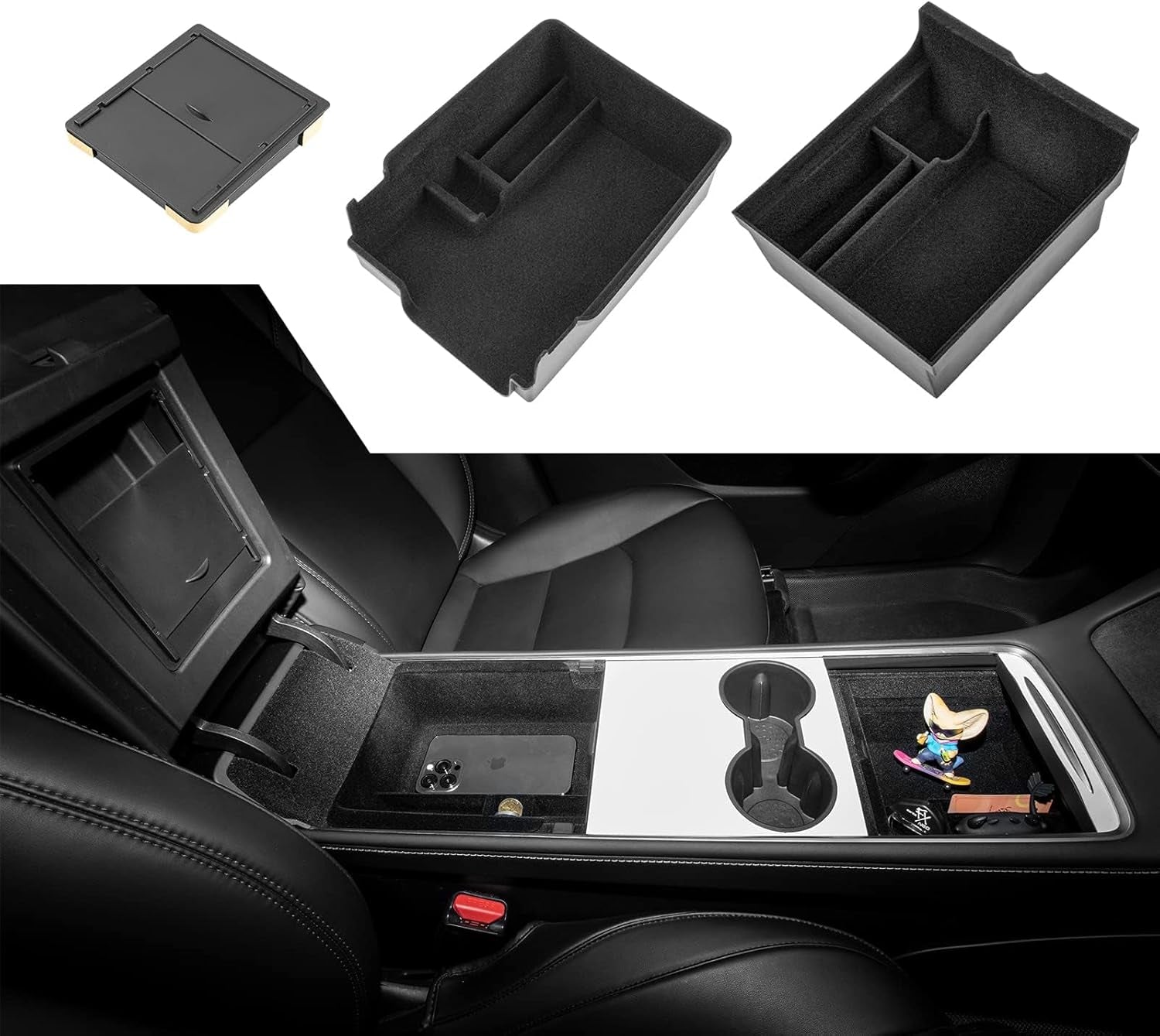 2025 Upgrade 5PCS Tesla Model Y Center Console Organizer Tray under Seat Storage Box Cup Holder Insert Hidden Armrest Storage Box [Seamless Fit] 2025-2021 Model Y Accessories