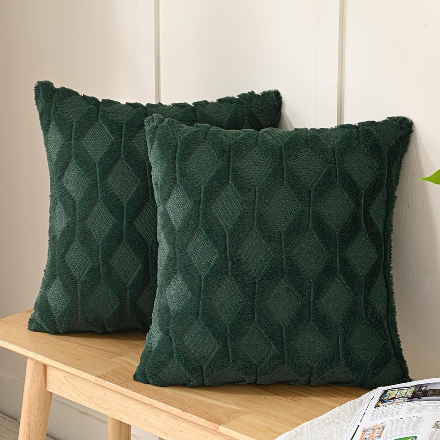 Pack of 2 Faux Wool Throw Pillow Covers 20X20 Inches Decorative Farmhouse Velvet Couch Pillow Case Soft Plush Square Boho Cushion Pillowcase, Dark Green