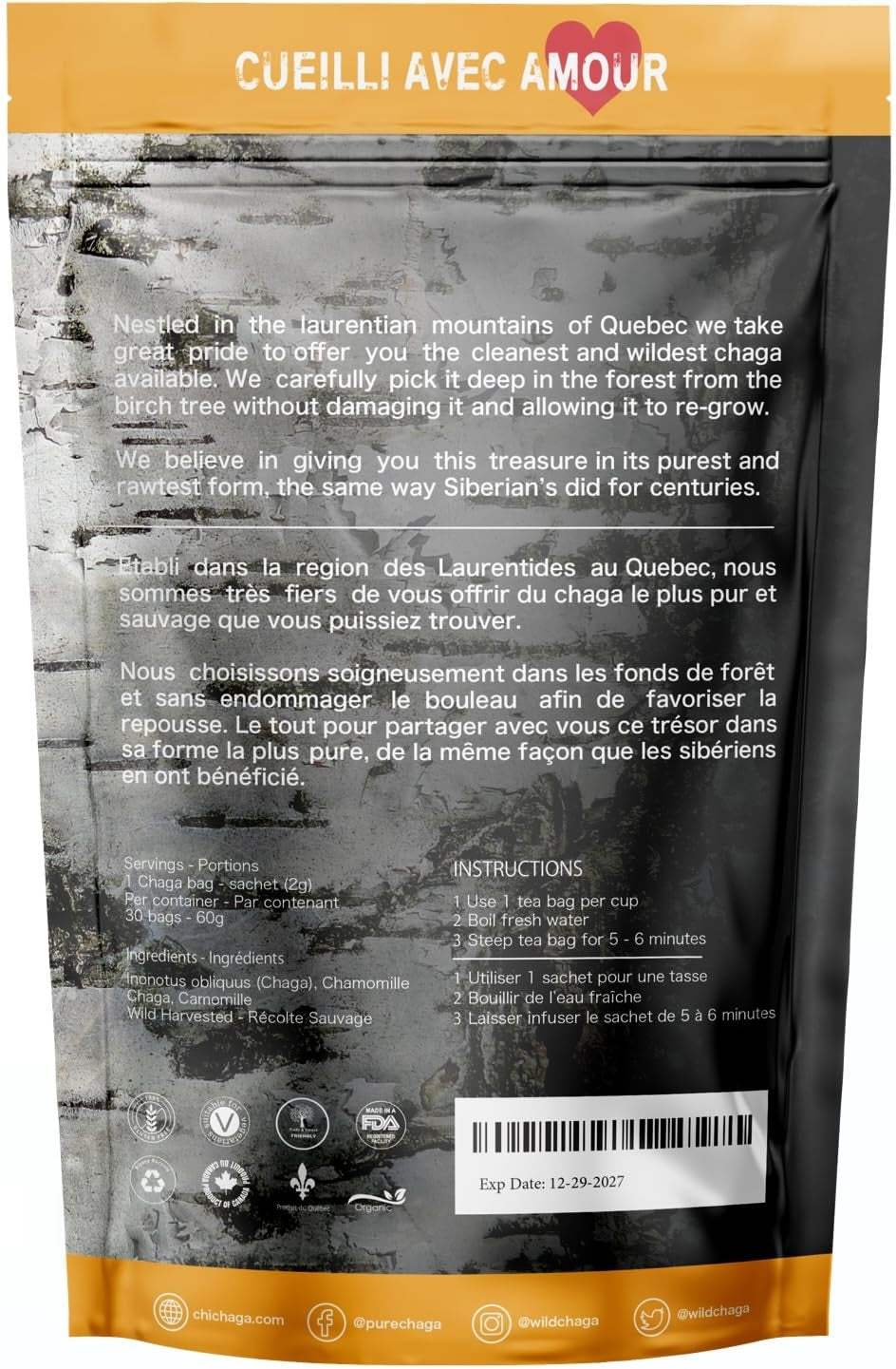 Premium 100% Wild Harvested Chaga Mushroom & Chamomile Combo - 30 Tea Bags TLBH