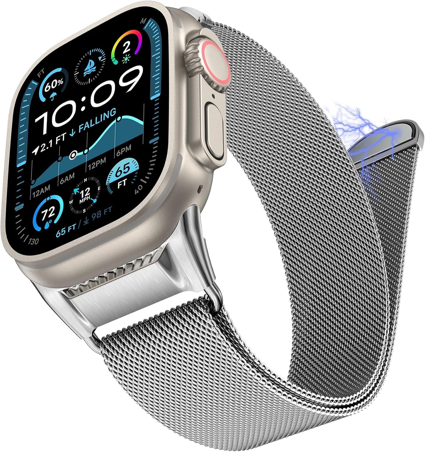 Milanese Mesh Loop Compatible with Apple Watch Band Ultra 2/1 49Mm Series 10 46Mm, Mechanical Design Metal Connector for Iwatch Series 9/8/7 45Mm, Se2/Se/Series 6/5/4 44Mm, Series 3/2/1 42Mm