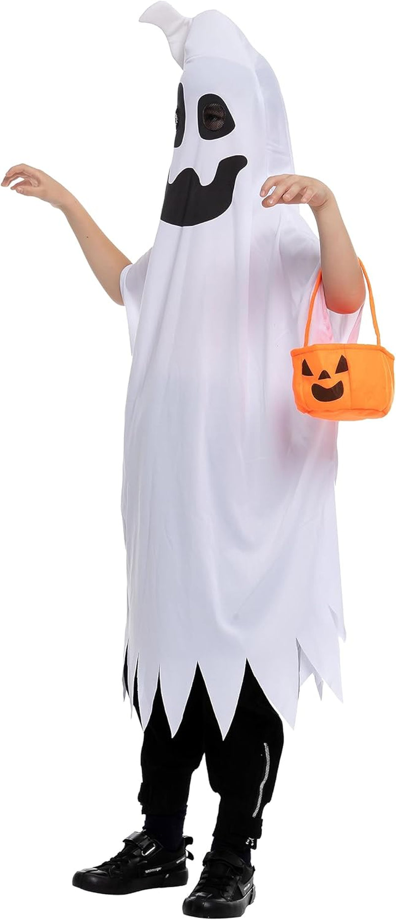 Halloween Ghost Costume with Horn and Pumpkin Bucket for Child Halloween Spooky Trick-Or-Treating