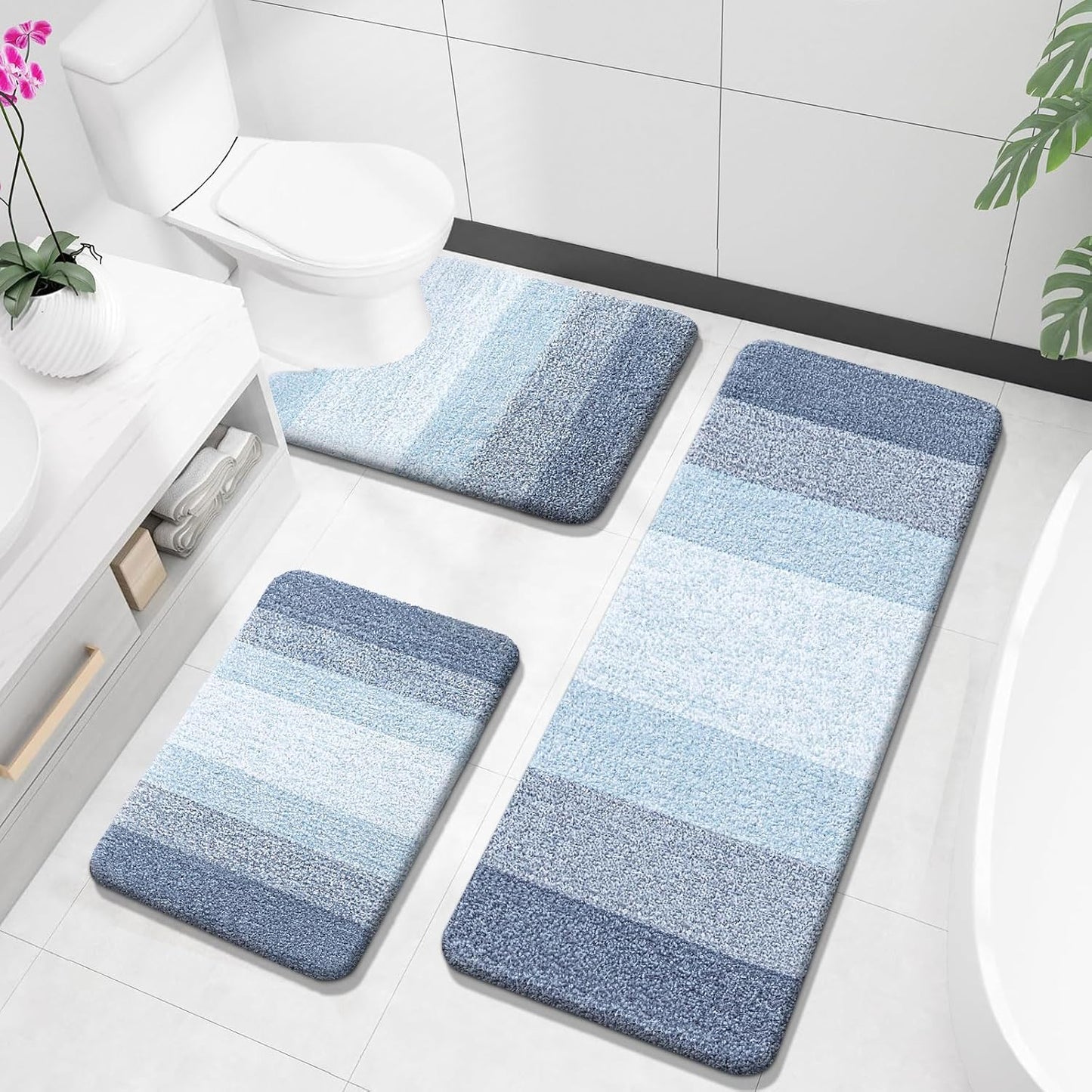 Bathroom Rugs Sets 3 Piece, Soft Absorbent Microfiber Bath Rugs and U-Shaped Contour Toilet Rug Area Rug Set, Non-Slip Bath Carpet, Home Decor Accessories, Bath Mat Set for Bathroom, Black