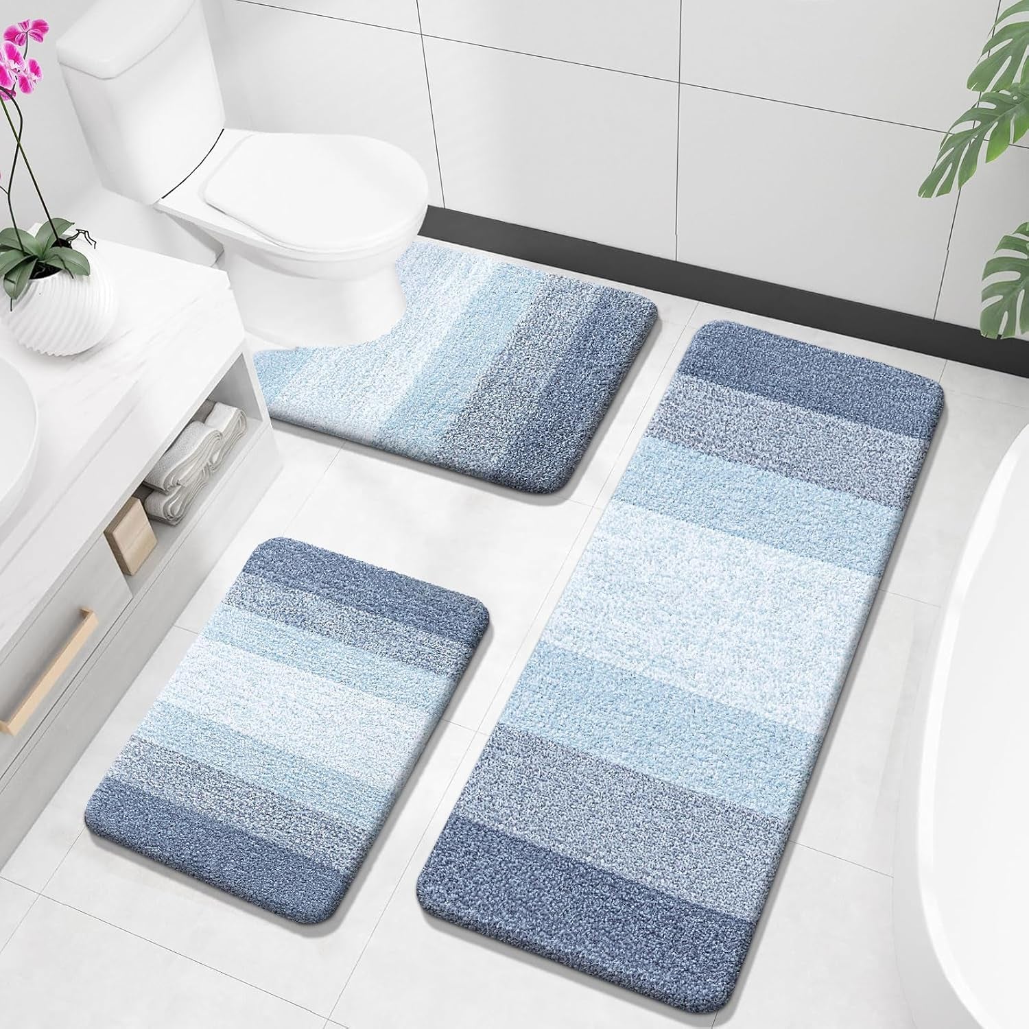 Bathroom Rugs Sets 3 Piece, Soft Absorbent Microfiber Bath Rugs and U-Shaped Contour Toilet Rug Area Rug Set, Non-Slip Bath Carpet, Home Decor Accessories, Bath Mat Set for Bathroom, Black