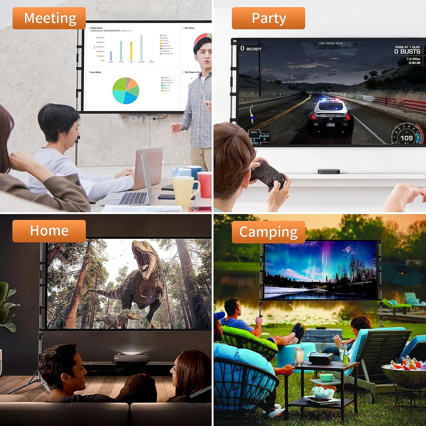 Projector Screen and Stand, 120 Inch Portable Projector Screen Indoor Outdoor Projection Screen 16:9 4K HD Wrinkle-Free Light-Weight Movie Screen with Carry Bag for Backyard Movie Night