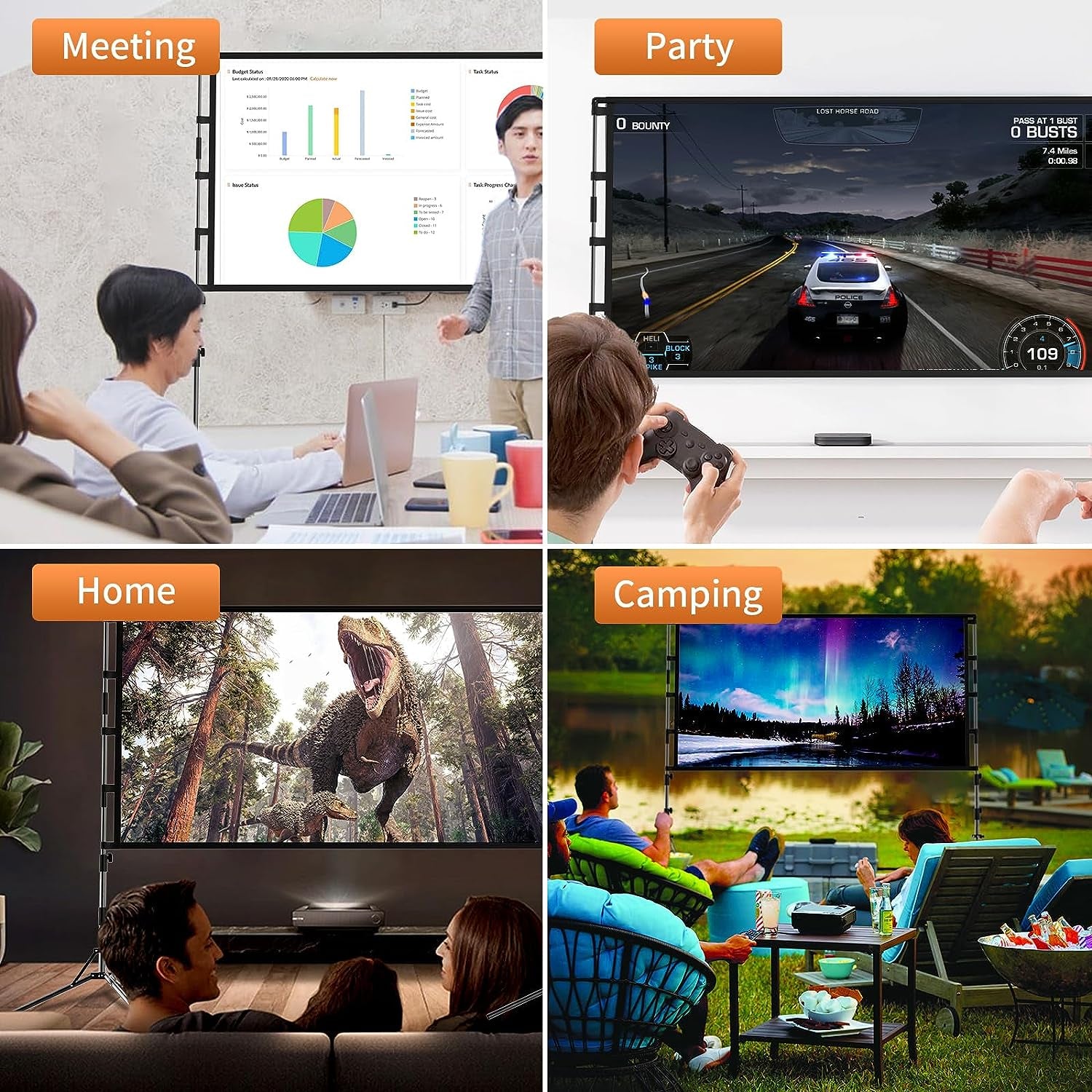 Projector Screen and Stand, 120 Inch Portable Projector Screen Indoor Outdoor Projection Screen 16:9 4K HD Wrinkle-Free Light-Weight Movie Screen with Carry Bag for Backyard Movie Night