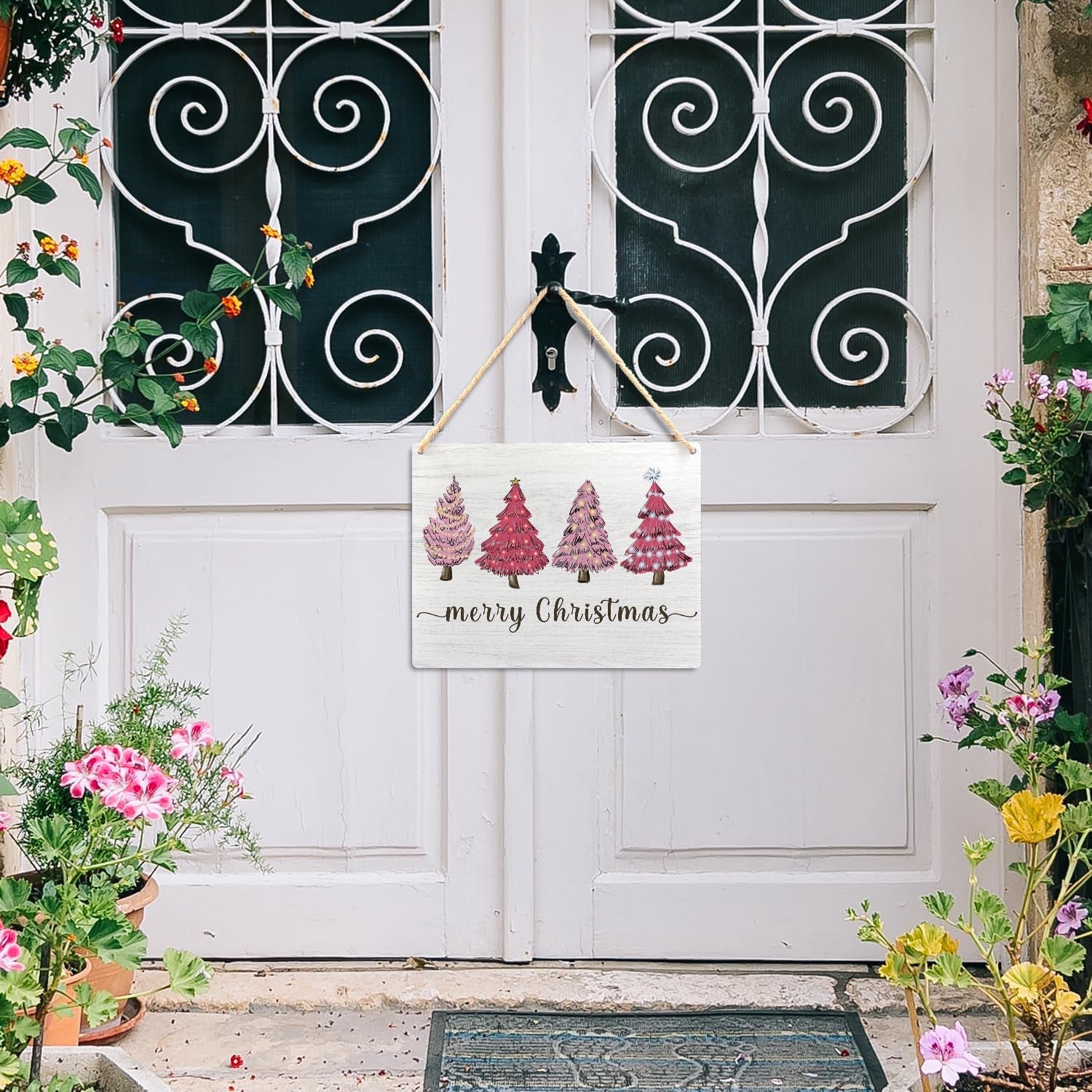 Pink Merry Christmas Wooden Hanging Sign - Pink Christmas Tree Sign, Christmas Porch Front Door Sign, Indoor Christmas Wall Hanging Decor for Bedroom Home,10.2X7.8 Inches