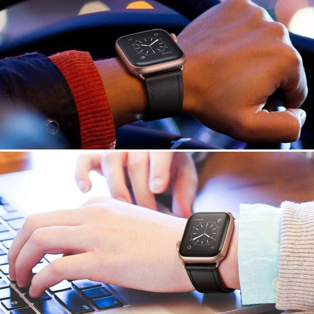 Compatible with Apple Watch Band 41Mm 40Mm 38Mm, Genuine Leather Band Replacement Strap Compatible with Apple Watch Series 9/8/7/6/5/4/3/2/1/SE2/SE, Black Band with Rose Gold Adapter