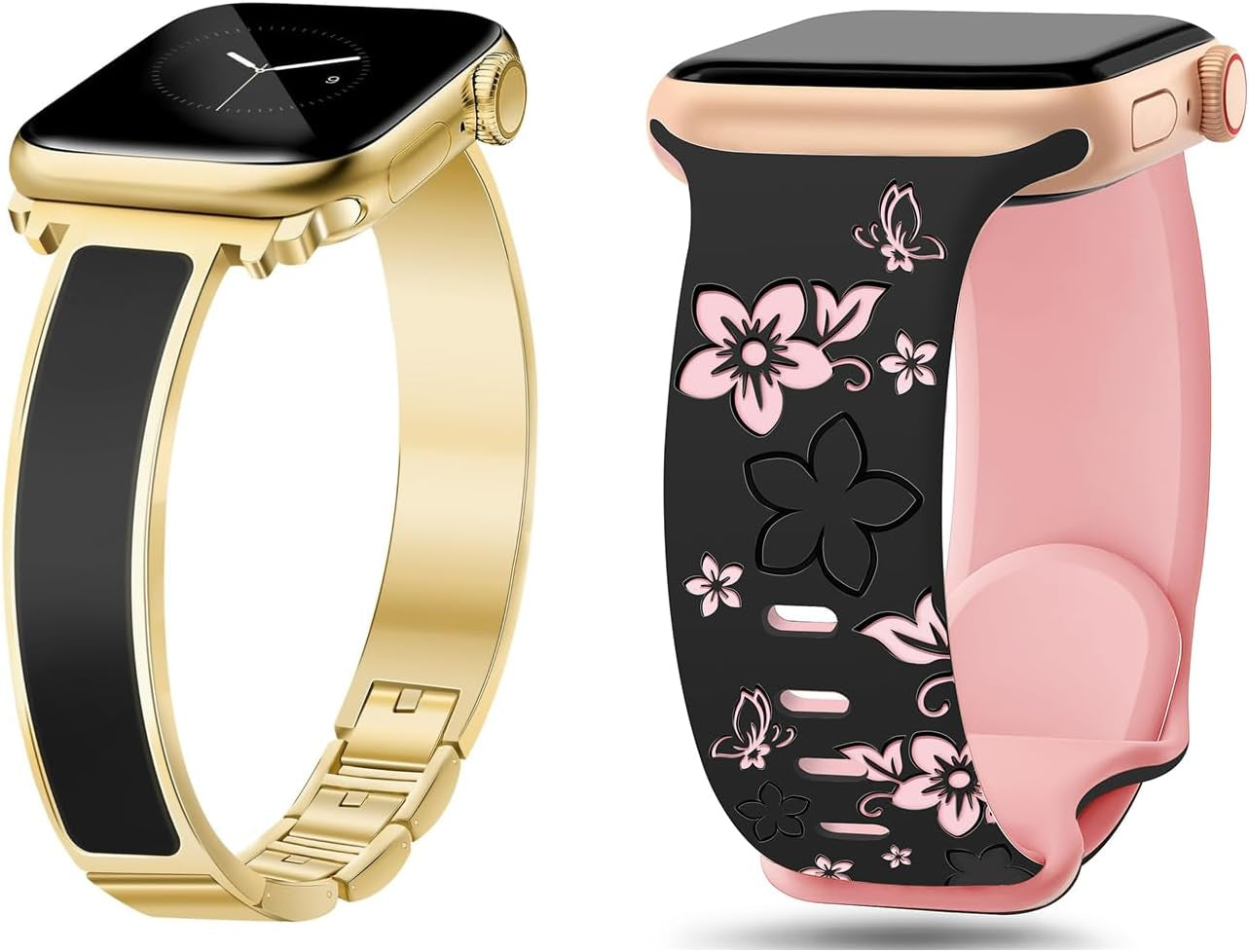 Gold Slim Band Floral Engraved Silicone Band Bundle Compatible with Apple Watch 38Mm 40Mm 41Mm 42Mm 44Mm 45Mm 46Mm 49Mm Women for Iwatch Series 10/9/8/7/6/5/4/3/2/1/Se/Ultra