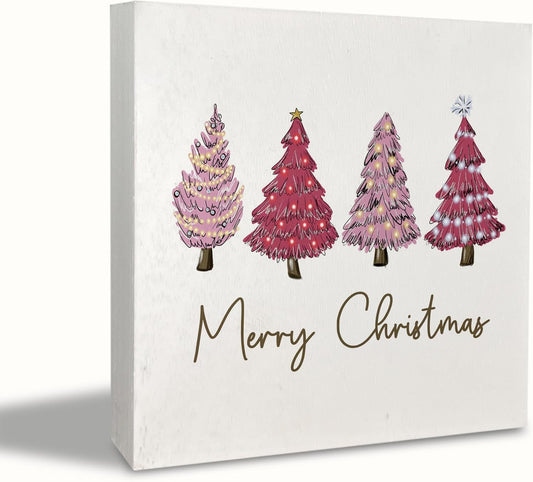Pink Christmas Sign,Pink Christmas Decorations,Christmas Tree Merry Christmas Sign,Christmas Sign Wood Plaque,Merry Christmas Sign for Table,Christmas Signs for Home Decor