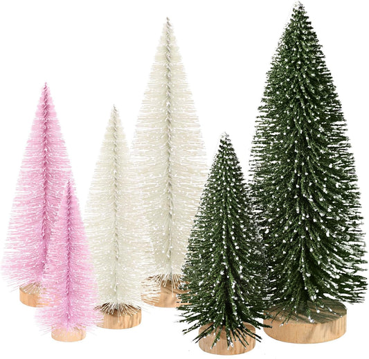 6Pcs Mini Christmas Trees Christmas Decor, Artificial Christmas Mini Bottle Brush Trees Tabletop, Christmas Decoration Trees with 4 Size Xmas Holiday Decor (6Pcs Green+Pink+Beige)
