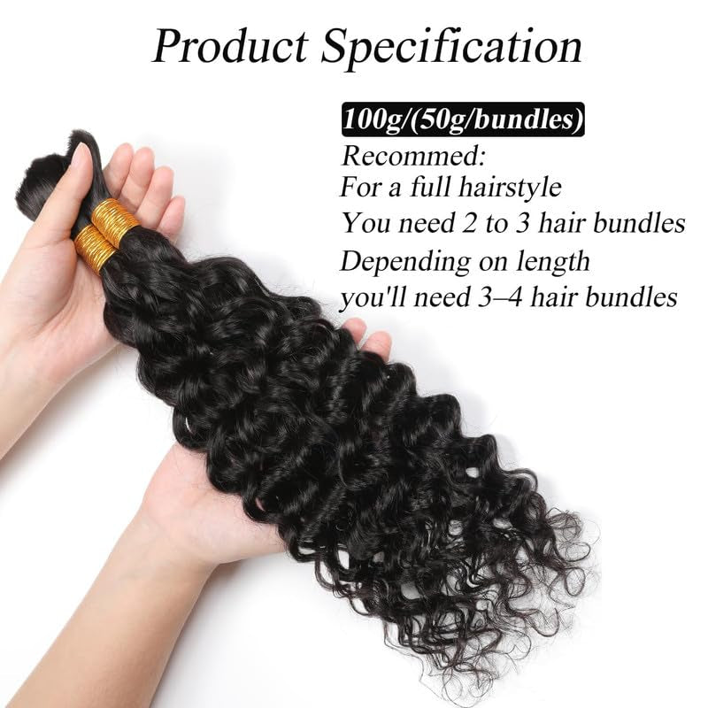 Human Braiding Hair 14Inch Water Wave Bulk Human Hair for Braiding 100G 2Bundle/Pack No Weft Human Hair Bundles for Braiding Micro Human Braiding Hair for Boho Braids(14Inch,Natural Black)