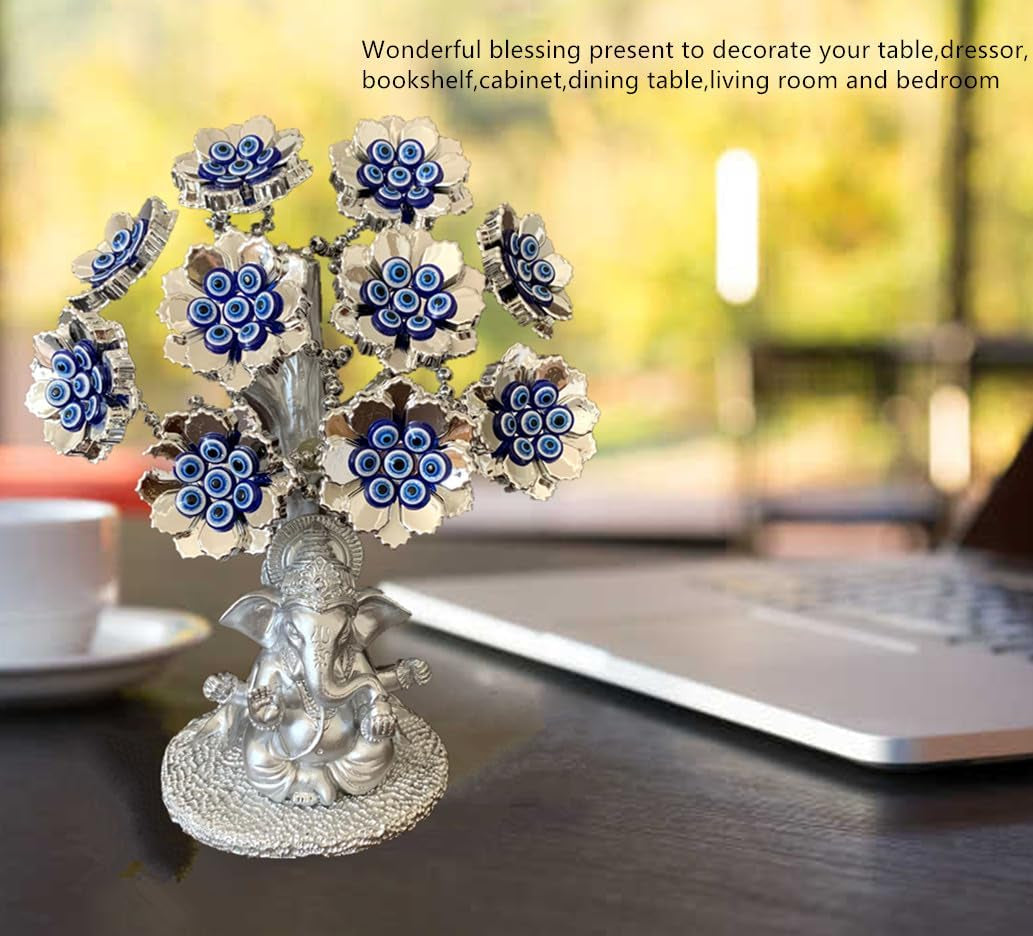 Turkish Nazar Blue Evil Eye Tree with Hindu Ganesha God Design Protection Blessing Home Office Decor-T12